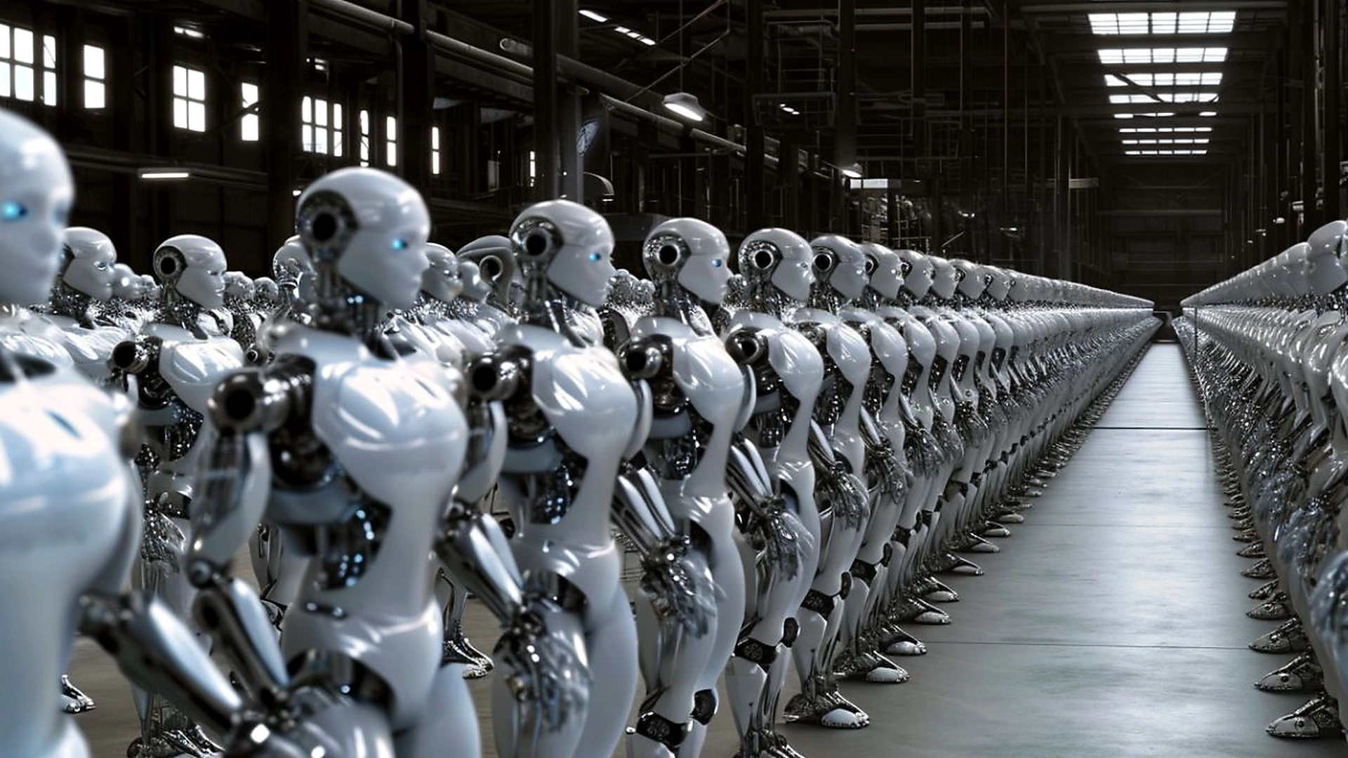 Rows of silver humanoid robots lined up inside a factory, the original Humanoid APAC header illustration.