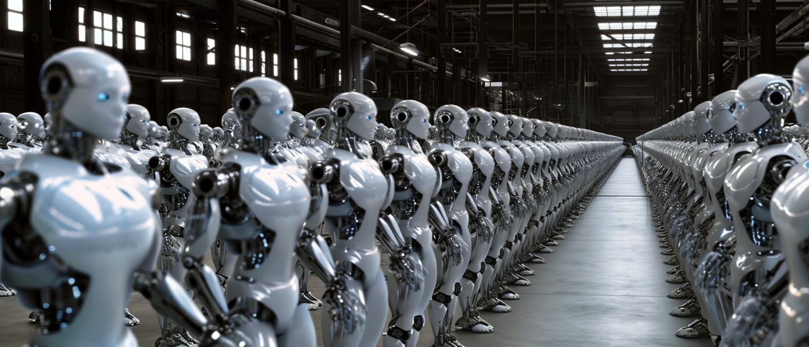 Humanoid robots on factory floor in Asia